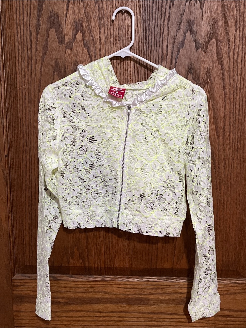Neon green/white Sheer Lace Zip Hoodie with Satin-Trim Hood